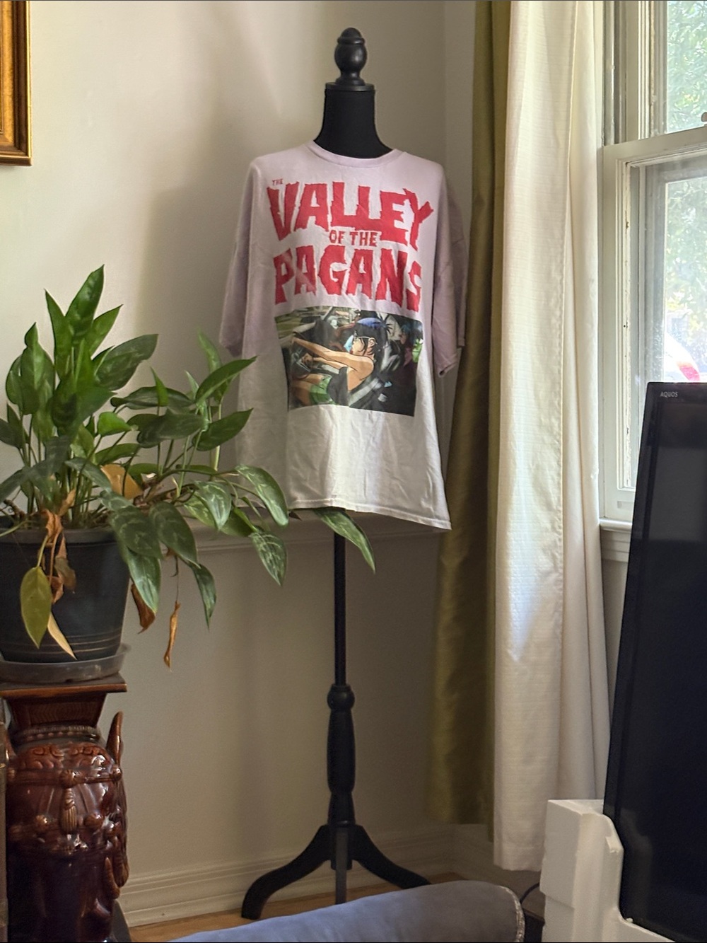 Unbranded White and Light Gray 'Valley of the Pagans' Graphic Tee Home Display